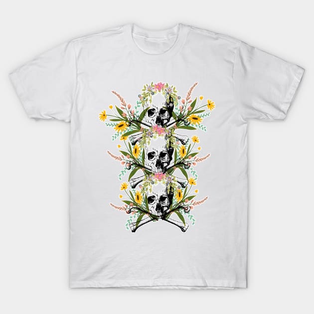 sweet and subliminal skeletal skull with flowers of various colors T-Shirt by JENNEFTRUST